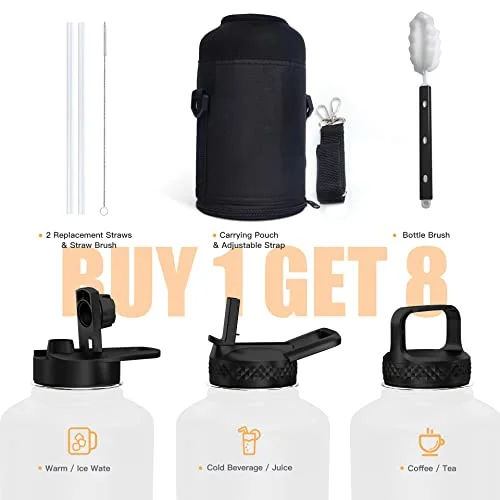 Water Bottles 64 oz, Topre Insulated Water Bottle with Straw, Double Walled Vacuum Stainless Steel Water Bottle , Leak Proof Large Water Bottle with 3 Lids & Brush, Sport Water Bottle For Gym Camping