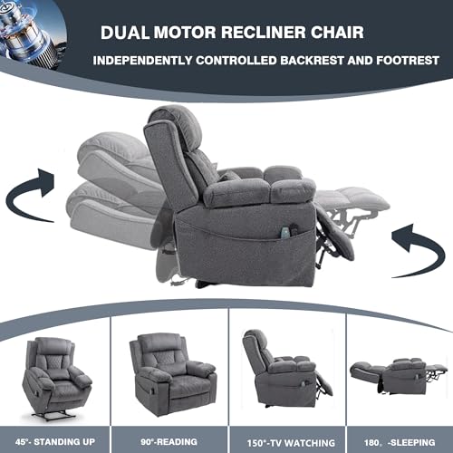 Light Grey Recliner Chair for Elderly | Tall and Big Man 400lbs | Chenille | Power Lift, Lay Flat, Stand Up, Wireless Charging Device, Extended Footrest, Massage Heat, Cup Holder, Lumbar Pillow