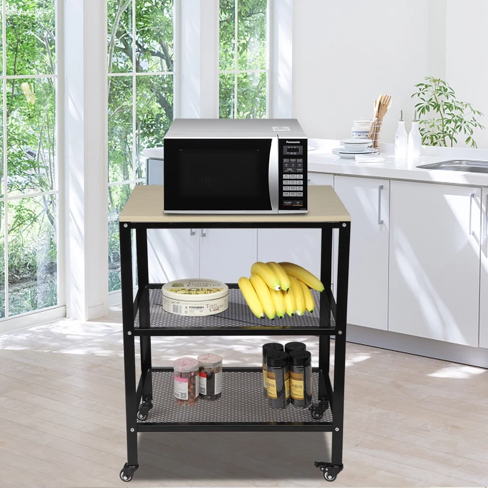 3-Tier Kitchen Microwave Cart, Rolling Utility Cart, Standing Bakers Rack Storage Cart with Metal Frame for Living Room White