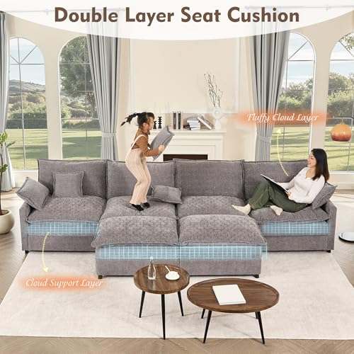 108" U Shaped Couch, Modular Sectional Sofa, 3-Seater Comfy Cloud Couch with Movable Ottoman, Deep Seat Couches for Living Room, Chenille, Black