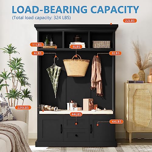 70.9 Inch Black Hall Tree, 3 in 1 Farmhouse Mudroom Bench with Storage and 4 Hooks, Wood Entryway Coat Rack Shoe Bench, Soft Cushion and Storage Drawers for Living Room, Bedroom, Hallway