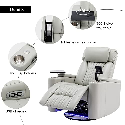 Power Swivel Rocker Recliner Chair, Modern PU Leather Lounge Chair with 360° Swivel Tray Table & Phone Holder & LED Light Strip & USB Charging Port & Cup Holders, Home Theater Single Sofa Chair, Grey