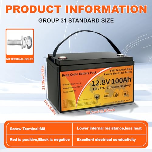 12V 100Ah LiFePO4 Lithium Battery, Group 31 Low-Temp Protection LiFePO4 Battery Built-in Smart BMS, 8000+ Deep Cycles 1280Wh Rechargeable 100A Battery Waterproof for Solar, Home, RVs (12V)