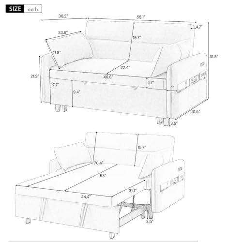 55.1" Pull Out Sleep Sofa Bed Loveseats Sofa Couch with Adjsutable Backrest, Storage Pockets, 2 Soft Pillows, w USB Port/Pull Out Bed, Bedroom, Apartment, Office