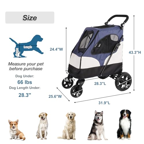 4 Wheels Folding Pet Strolling Cart with Storage Bag, Pet Stroller for Medium Large Dog with Adjustable Handle, Travel Jogger Pet Stroller with Mesh Skylight