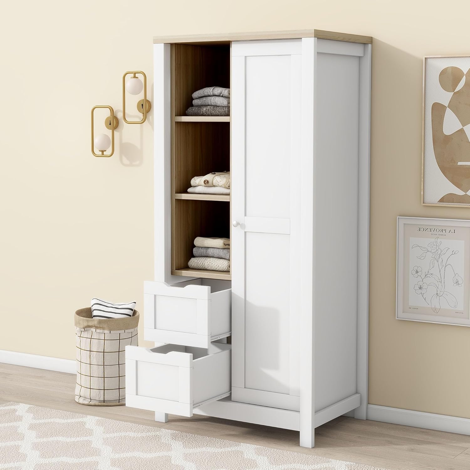 Merax Wardrobe Closet Organizer with 2 Drawers, Open Shelves and Hanging Rods Slim Wooden Armoire Sliding Door Functional Clothes Storage Cabinet for Bedroom, White