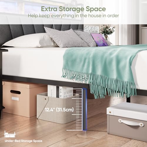 Full Bed Frames, Metal Bed Frames with Charging Station, LED Lights Bed Frames with Upholstered Storage Headboard, Sturdy and Noise-free, Storage Space under Bed, No Box Spring Needed, Brown