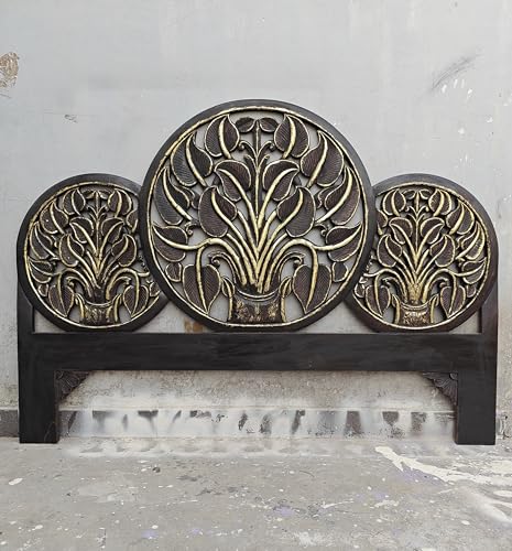 Hand Caved Half Moon King Engineered Wood Headboard Black Gold Antique Headboard Wall Mount Bed Headboard (Queen- 63x45x1 -inches)