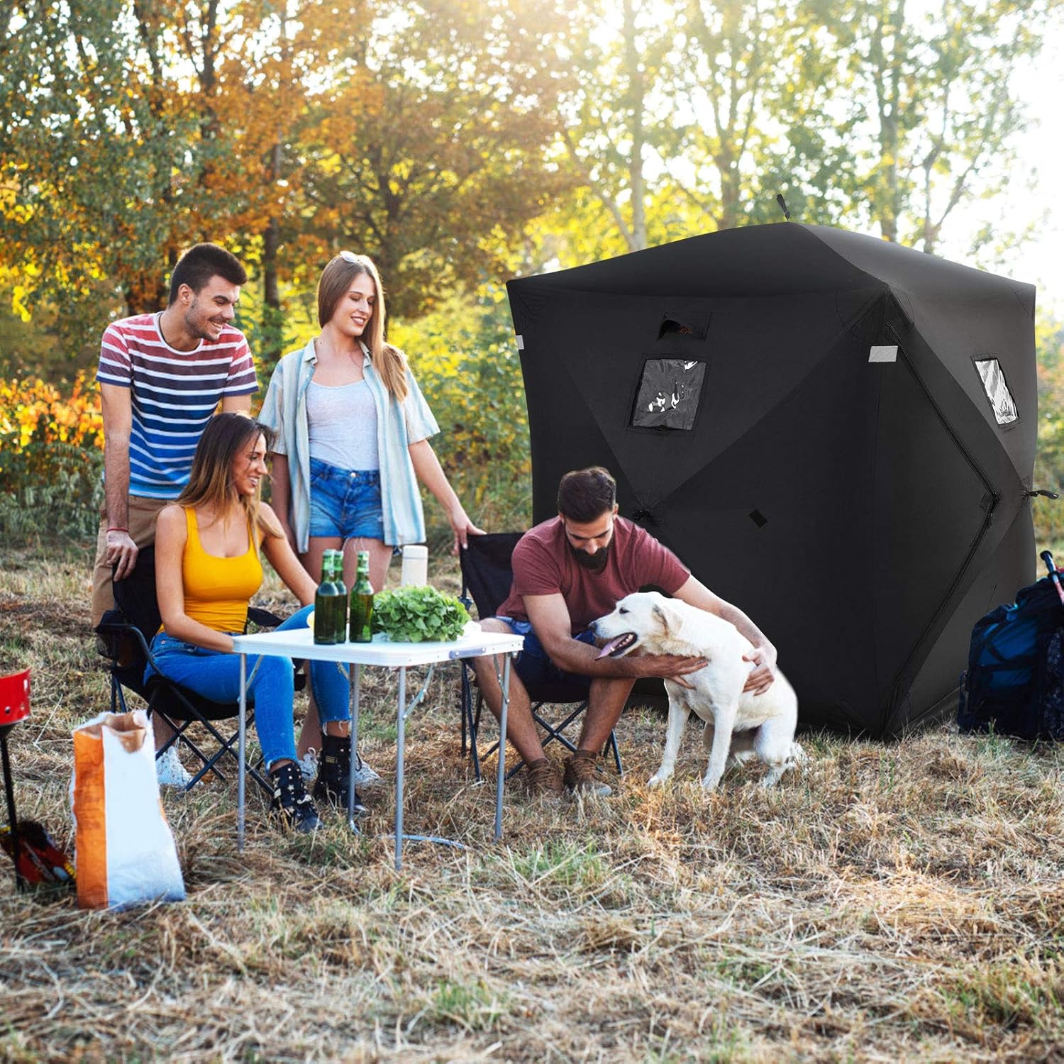 GYMAX Ice Shelter, Pop-up Waterproof Fishing Tent 2-Person Portable Ice Tent with Detachable Windows, Zippered Door & Carry Bag
