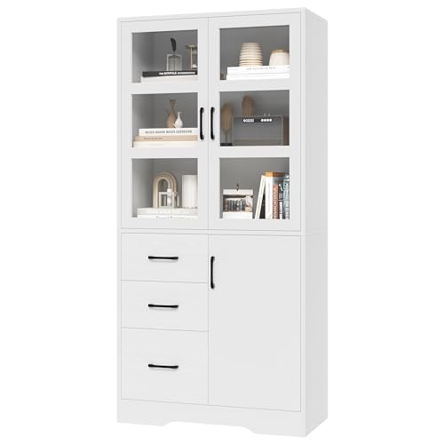 HIFIT 2 Pack Tall Bookshelves and Bookcases with Glass Display Cabinet Doors and 3 Drawers, Floor Standing Wood Storage Cabinet with Shelves, Modern Cabinet for Home Office, Living Room, Study, Black
