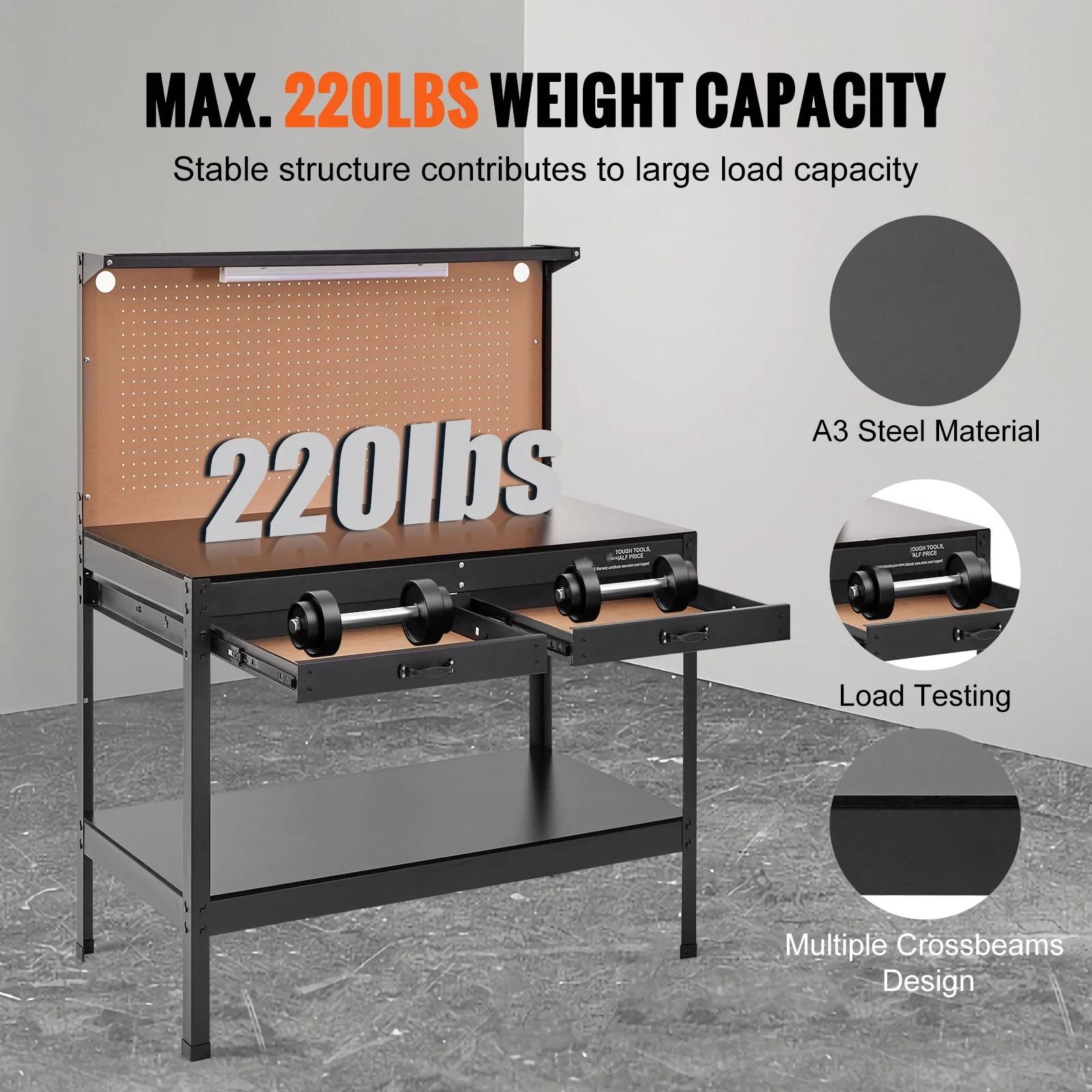 BENTISM Multifunctional Workbench 48x24" with Pegboard Worktable w/ Power Outlets, A3 Steel Work Bench For Garage max. 1500W Heavy Duty Workbench 220lbs Weight Capacity