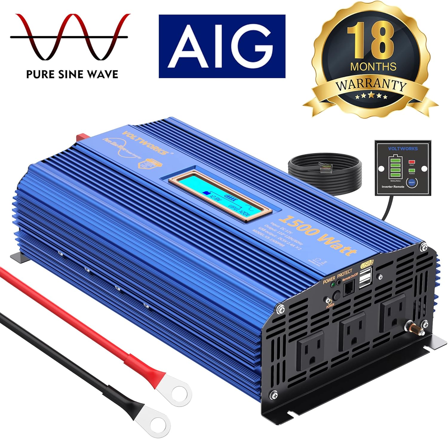 VOLTWORKS 600 Watts Pure Sine Wave Power Inverter 600w DC 12V to AC 110V 120V with Dual 2.4A USB Port & LCD Display Two AC Outlets for Car Truck RV