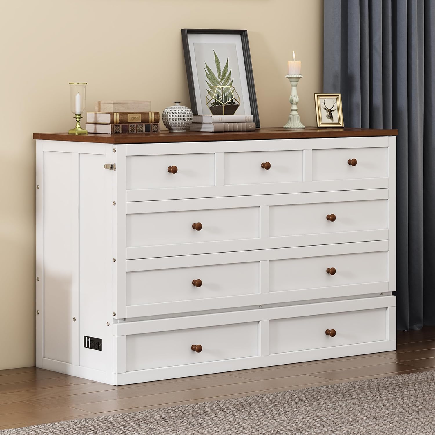 Queen Murphy Bed Queen Murphy Cabinet Bed with Storage Drawers, Murphy Bed with Charging Station, Wood Murphy Bed Cabinet Bed,Murphy Bed Chest Murphy Bed Frame Wall Bed for Guest Bedroom, White+Walnut