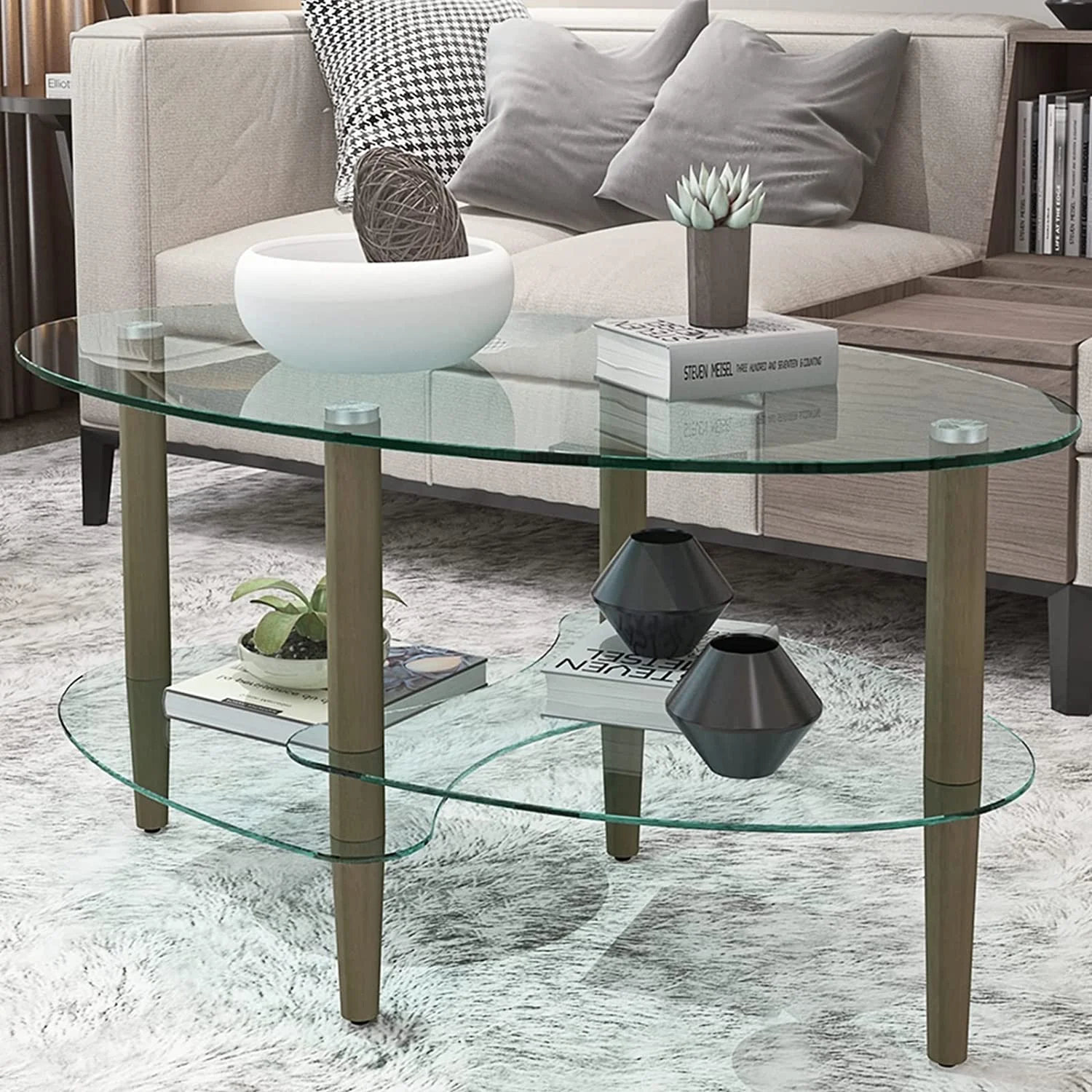 Glass Coffee Table  Oval Glass Coffee Table  Transparent Glass Coffee Table  Oak Wood Leg Tea Table  3-Layer Glass Table  Living Room   Suitable for Waiting Room  Living Room