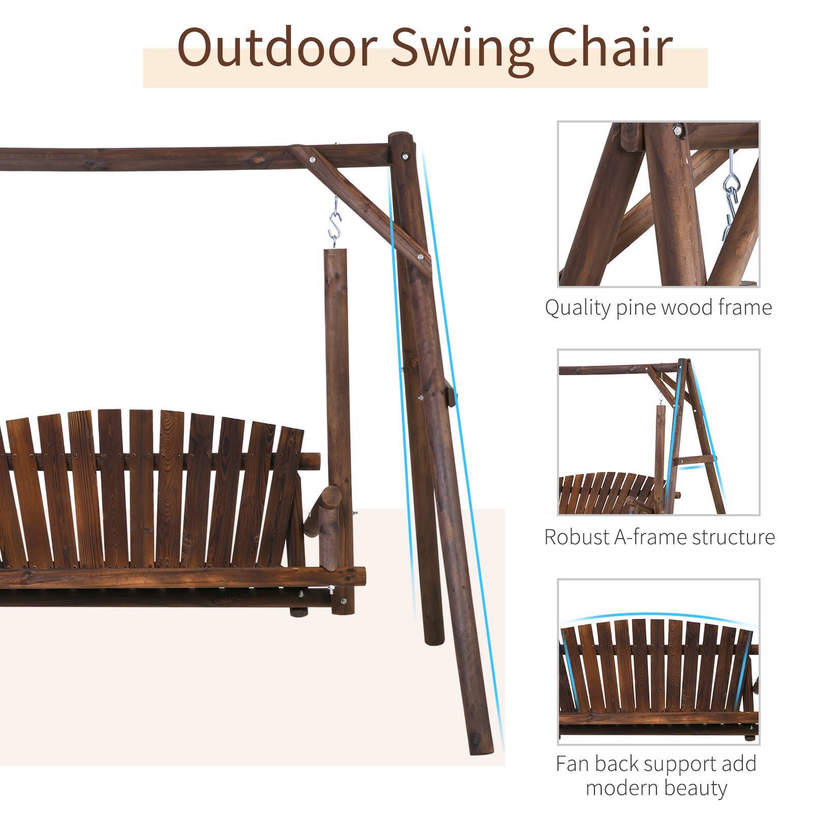 Outsunny 6.5& Outdoor Rustic Loveseat 2 Person Freestanding Solid Wood Natural Log Garden Swing - Carbonized