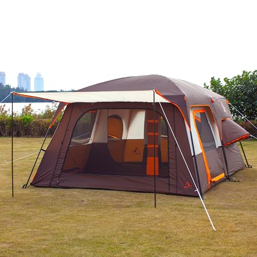 KTT Extra Large Tent 10-12-14 Person(Style-B),Family Cabin Tents,2 Rooms,3 Doors and 3 Windows with Mesh,Straight Wall,Waterproof,Double Layer,Big Tent for Outdoor,Picnic,Camping,Family Gathering