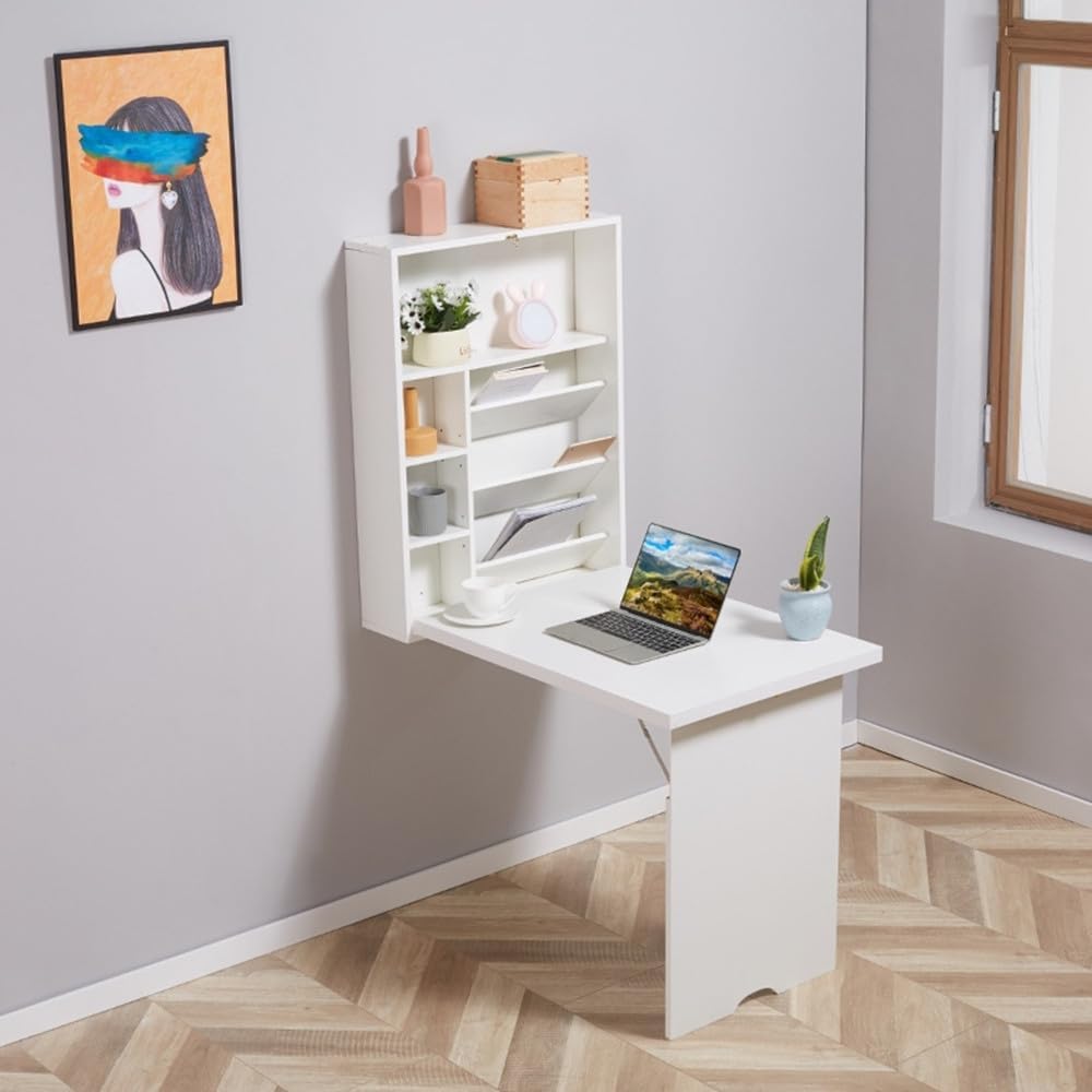 Wall Mounted Desk, Fold Out Convertible Floating Desk, Space Saving Computer Desk Hanging Table with Storage Area,White