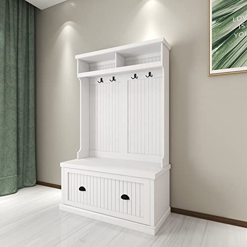 BNSPLY Hall Tree with Bench and Shoe Storage, 3 in 1 Entryway Bench with Coat Rack, Mudroom Bench with 4 Double Hooks, Entryway Furniture for Hallway (White, 40" L x 18.5" W x 64.6" H)