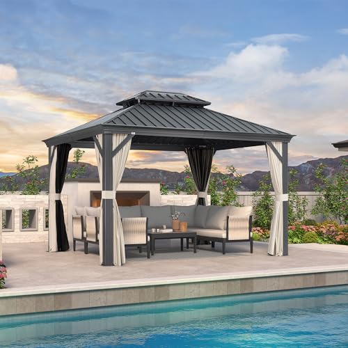 PURPLE LEAF 10' X 14' Permanent Hardtop Gazebo Aluminum Gazebo with Galvanized Steel Double Roof for Patio Lawn and Garden, Curtains and Netting Included, Grey