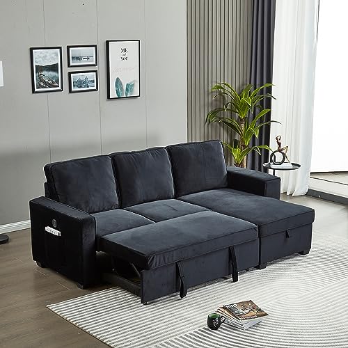 Modern L-Shaped Sectional Sofa, Velvet Sofabed with USB & Storage Chaise, Brown