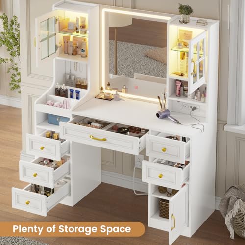 White Vanity Desk with Touch Screen Mirror and Lights, Large Makeup Vanity with RGB Light Cabinets & Charging Station, 6 Drawers, 5 Jewelry Hooks, Vanity Table with Lighted Mirror
