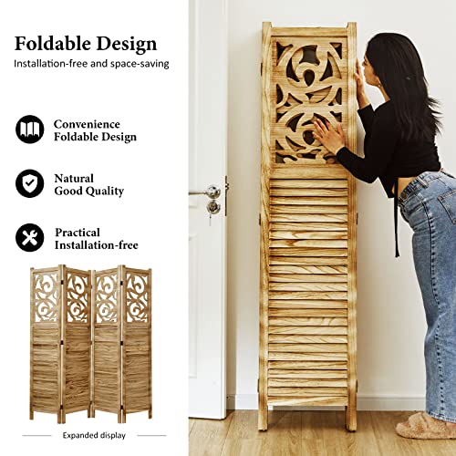 Room Divider Wood Carved Wall Divider Indoor Folding Portable Partition Screen for Home Office Garden Terrace - 6 Panel, 67 * 90inch (Dark Brown)