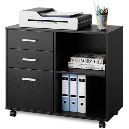 DEVAISE 3-Drawer Wood File Cabinet, Mobile Lateral Filing Cabinet, Printer Stand with Open Storage Shelves for Home Office, Size