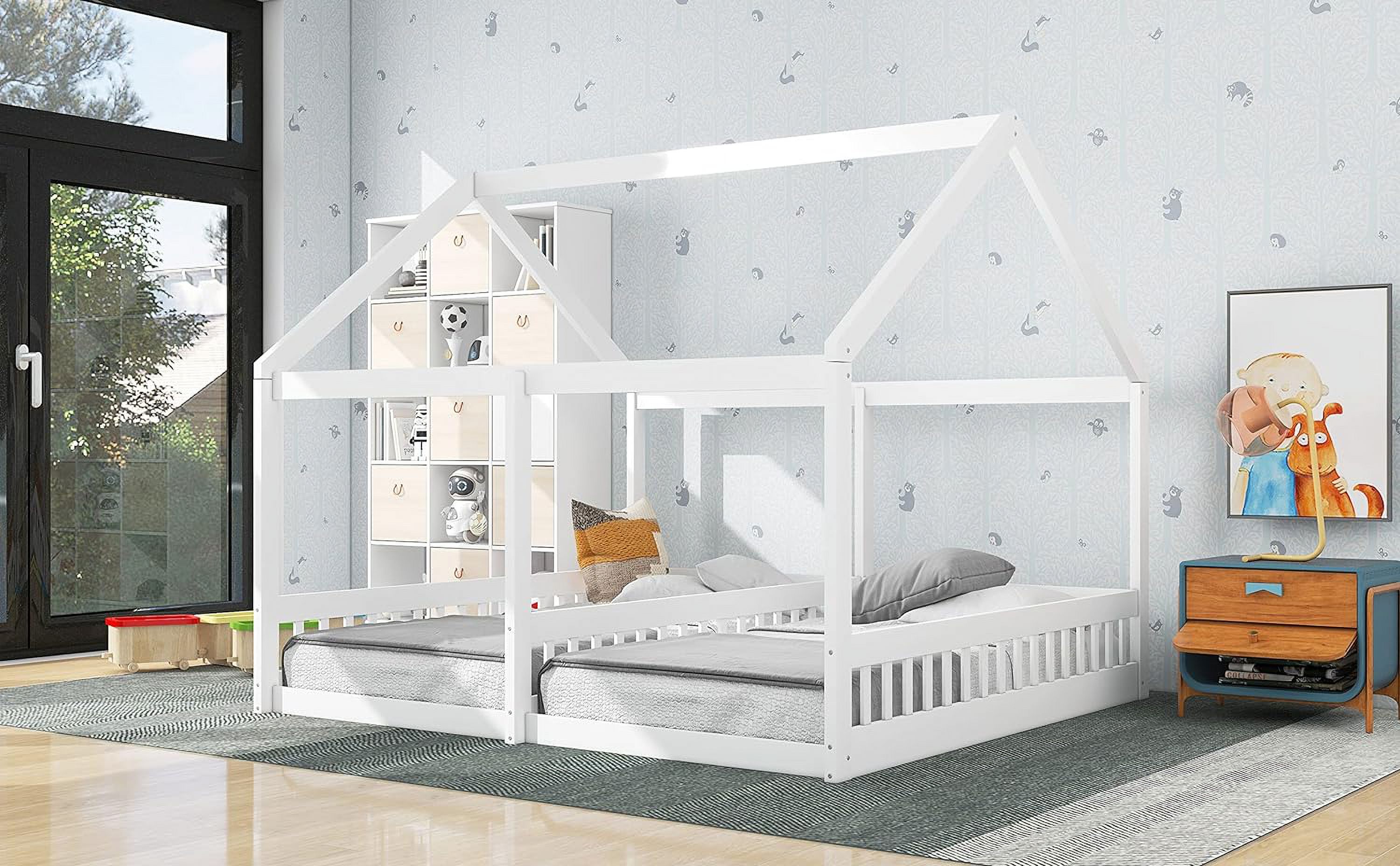 House Bed For 2 Kids, Double Shared Size Beds, Wooden Toddler, Montessori, Floor, Teens, Boys & Girls, Can Be Decorated Tent (Double, White)