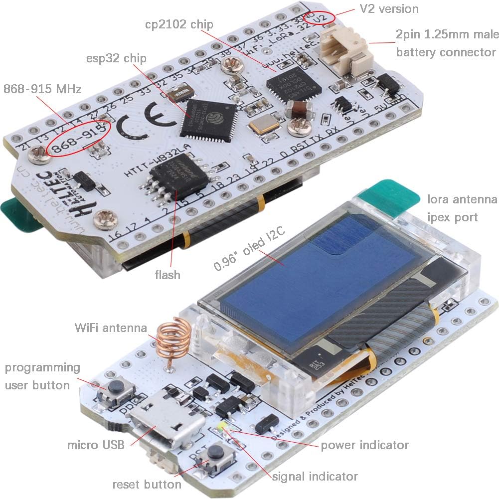 DIYmalls ESP32 OLED LoRa 915MHz Module V2 + Protective Case Cover + U.FL IPEX to SMA LoRa Antenna + 2P 1.25mm Cable for Arduino LoraWan IOT ( Pack of 2 )