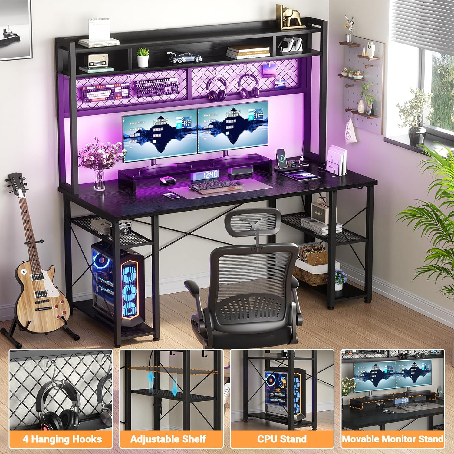 Gaming Desk with Hutch - 55 Inch Computer Desk with LED Lights & Power Outlet, Home Office Writing Desk with Storage Shelf and Monitor Stand, Black