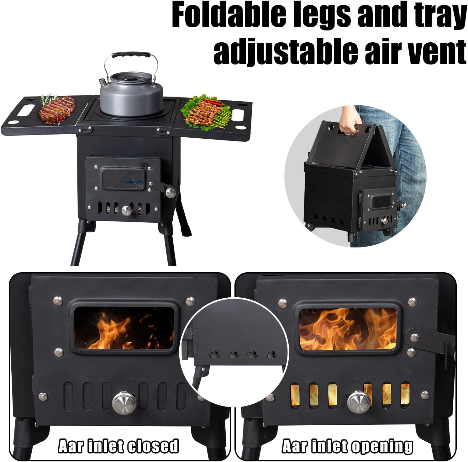 Camping Wood Stove, Outdoor Portable Tent Wood Burning Stove with Stainless Chimney Pipes, Tent Stove Jack & Gloves for Outdoor Camping Cooking and Heating