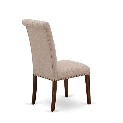 East West Furniture BRP2T02 Parsons Dining Button Tufted Nailhead Trim Light Beige Fabric Upholstered Chairs, Set of 2, Linen White