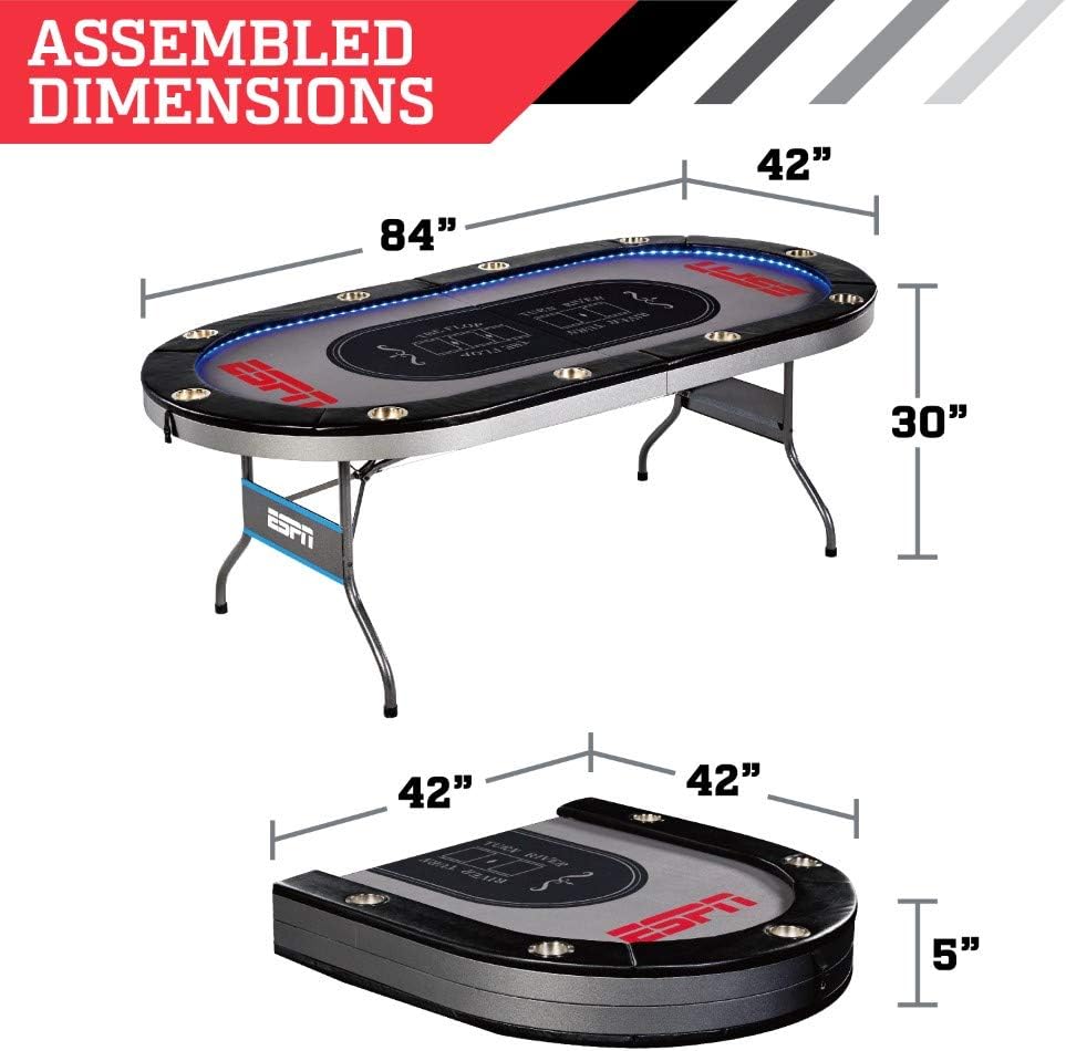 Foldable Poker Table for Friends and Family, in-Laid LED Lights, Sports & Outdoors Recreation Game Room Poker & Casino, Gray