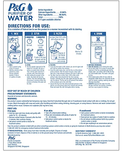 P&G Purifier of Water Portable Water Purifier Packets. Emergency Water Filter Purification Powder Packs for Camping, Hiking, Backpacking, Hunting, and Traveling.