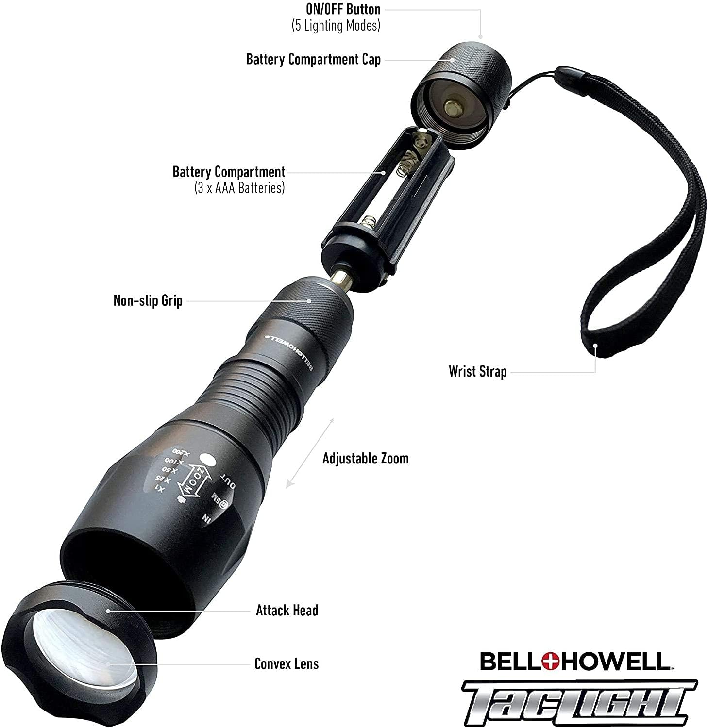 Taclight Flashlight by Bell+Howell High Lumens LED Tactical Flashlight 5 Modes & Zoom Function 40X Brighter Water Proof Handheld FlashLight For Emergency Camping Accessories As Seen On TV Set of 3