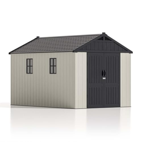 Patiowell 8 x 12 FT Plastic Outdoor Storage Shed with Floor, Resin Shed with Window and Lockable Door for Garden, Backyard, Tool Storage Use, Easy to Install in Beige (Kick-it Shed)