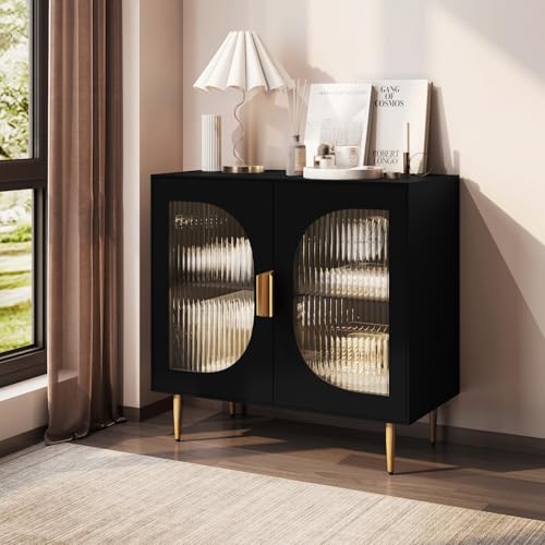 AERPOWER Sideboard Buffet Cabinet with 4 Glass Doors, Wood Accent Cabinet with Storage Shelves, Black Credenza Display Cabinet, Modern Storage Cabinet for Kitchen, Dining Room, Living Room, Hallway