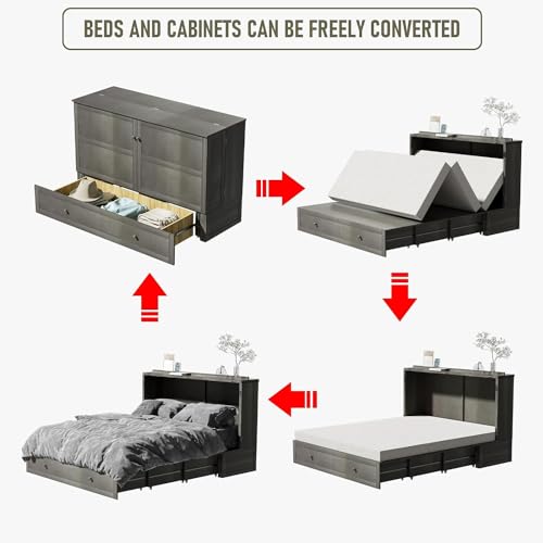 Murphy Bed Queen Cabinet, Pine Wood Murphy Bed,Queen Cabinet Bed with Mattress,Storage Drawer, USB Charging Station,14pcs Auxiliary Wheels for Living Room Apartment (Grey for Queen Size)
