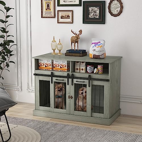 PawHut Dog Crate Furniture for Large Dogs or Double Dog Kennel for Small Dogs with Shelves, Sliding Doors, 47" x 23.5" x 35", White
