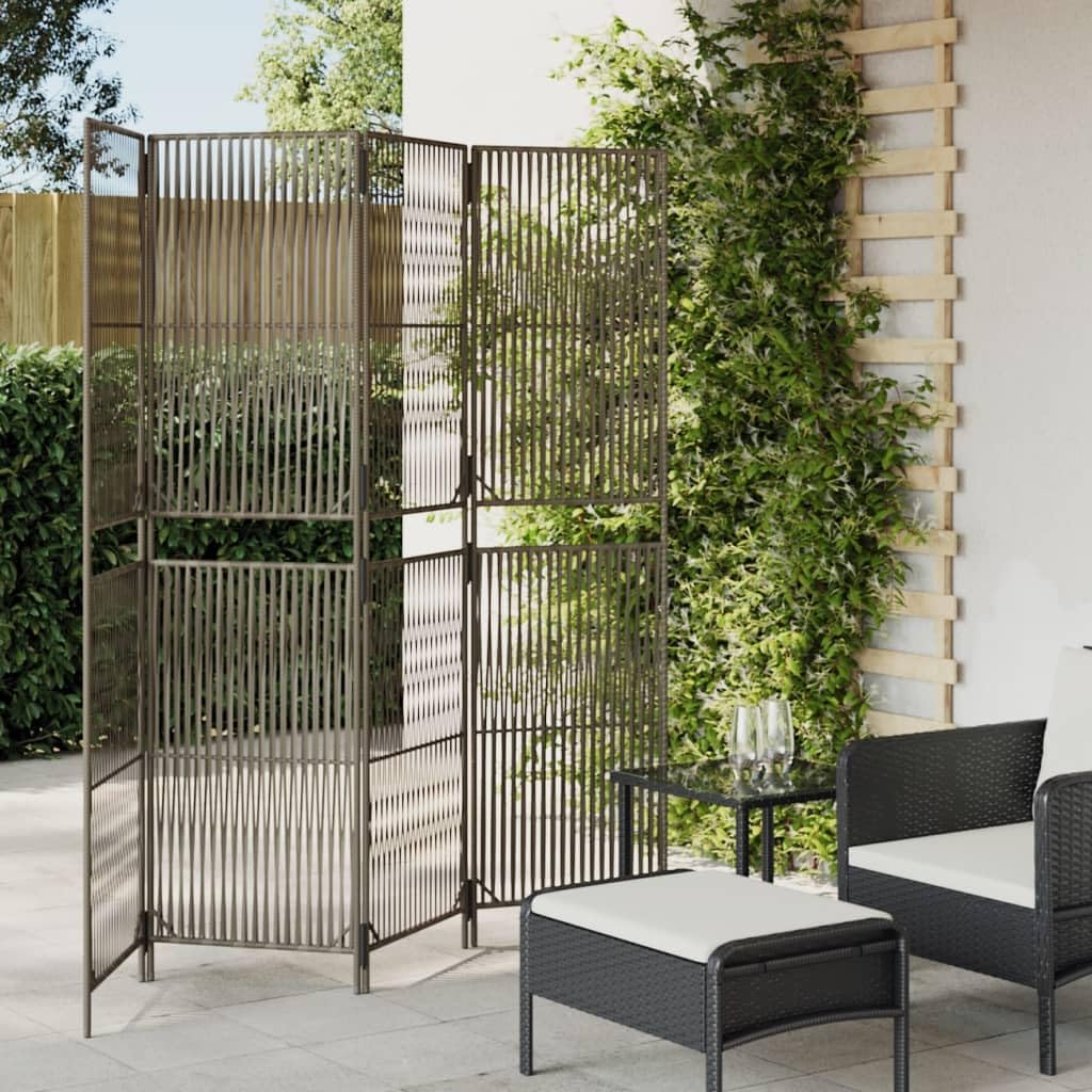 ** vidaXL Room Divider 4 Panels - Gray Poly Rattan Garden Screen - Privacy Partition - 77.2" x 70.9" - Indoor/Outdoor Use - Modern Line Weaving Design - Powder-Coated Steel Frame