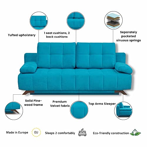 Modern Serena Sleeper Sofa - Storage Pull Out Couch Convertible Sofa Bed, Pine Wood, Velvet Upholstery, Pocket Sinuous Springs, Made in Europe, Queen Size 80in W x 39in D x 37in H – Dark Grey