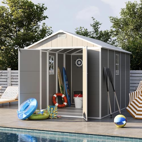 UDPATIO Outdoor Storage Shed 6 x 6 FT, Resin Garden Sheds with Floor Plastic Patio Outdoor Storage Shed with Lockable Door for Tool, Bike, Garbage Gray White