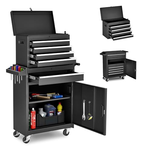 Tool Chest,5-Drawer Rolling Tool Storage Cabinet with Enhanced Packaging, Detachable Top Tool Box, Metal Tool Cart for Garage Workshop,Black, ATC001BK