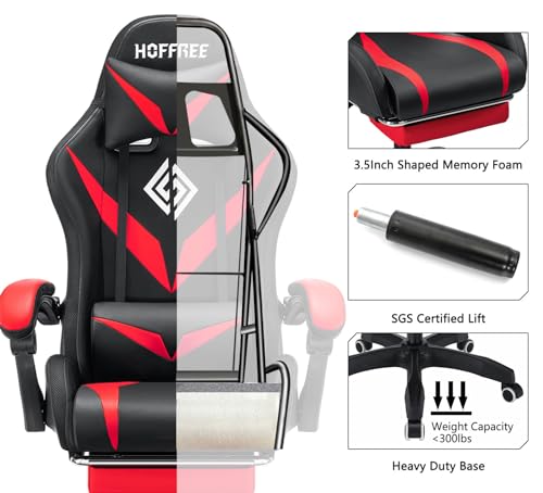 HOFFREE Gaming Chair Massage with Bluetooth Speakers and Led Lights Ergonomic Computer Gaming Chair with Footrest RGB Video Game Chair with High Back Lumbar Support Blue and Black