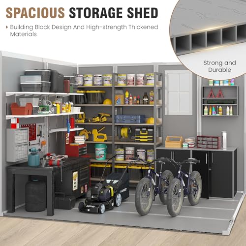 Outdoor Storage Shed, 6x6 FT Resin Shed with Floor and Lockable Door, Window, Vents, Tool Sheds and Outdoor Storage for Bike, Garden Accessories, Tools, Waterproof (Grey & White)