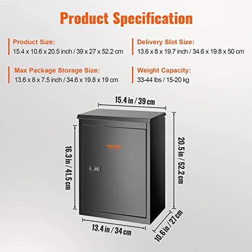 VEVOR Package Delivery Boxes for Outside, Extra Large Mailbox for Parcel Wall Mounted Lockable, Galvanized Steel Parcel Drop Box with Anti-Theft Baffle, IPX3 Waterproof for Porch, Curbside