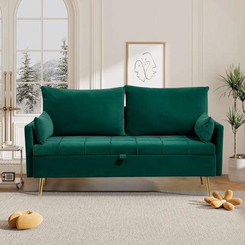 60'' Loveseat Sofa Couch with Storage, Modern Loveseat Couch with 4 Pillows & Metal Legs, 2 Seater Sofa with USB & Type C for Living Room,Bedroom, Apartment(Grey-Blue)