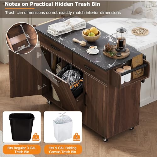 60" Kitchen Island with Drop Leaf and Power Outlet, Rolling Kitchen Cart on Wheels with Trash Can Storage Cabinet, Spice Rack, Towel Rack and Adjustable Shelf for Dining Room