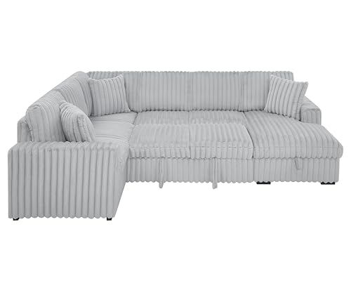 roomfitters 122 Inch Pull Out Couch, Rabbit Plush Fabric Sofa Bed with USB Ports & Comfy Upholstered, Oversized U Shape Sectional Sleeper Sofa Bed with Storage Chaise, Khaki