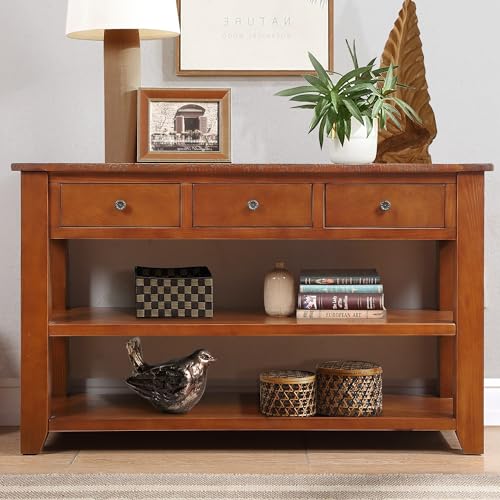 Amposei Farmhouse Wood Entryway Console Table 48-Inch Modern Sofa Entry Table with Drawers and Storage Shelves for Entrance Living Room (Brown)